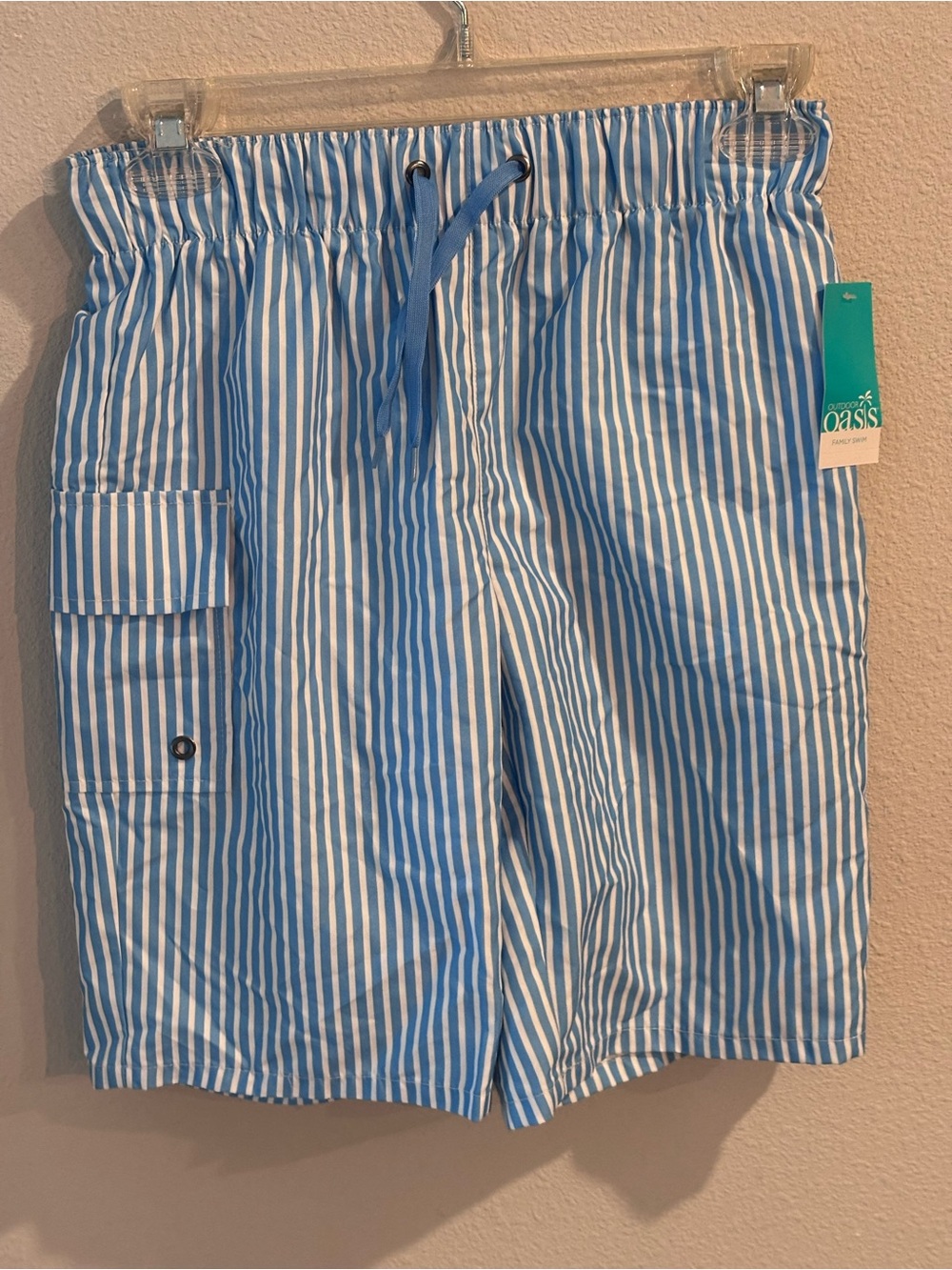 Outdoor Oasis Boys Blue & White Vertical Stripe Lined Swim Trunks, M 10/12, NWT